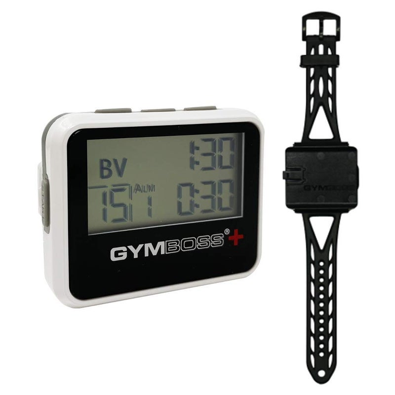 Gymboss جيمبوس بلس مؤقت الفواصل وساعة التوقيت وسوار جيمبوس - حزمة (أبيض/رمادي) - Image 1